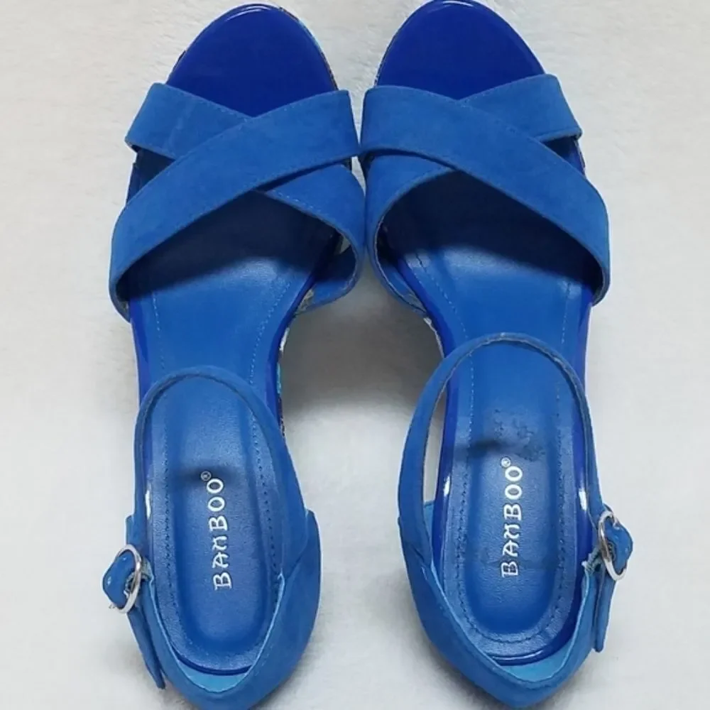 𝅺BAMBOO Eliza Blue Crochet Boho Platform Wedges
